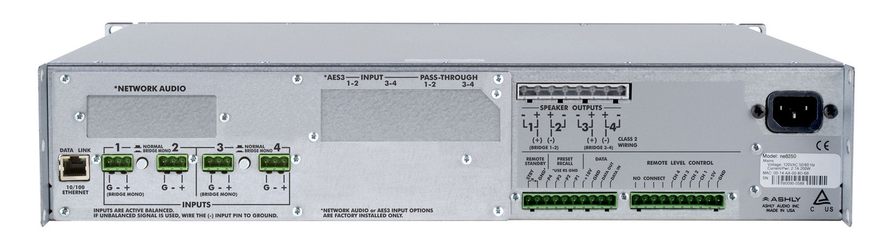 Ashly ne4250.25pec Network Power Amplifier 4 x 250W @ 25V With 4x4 Protea DSP & CobraNet Option Card