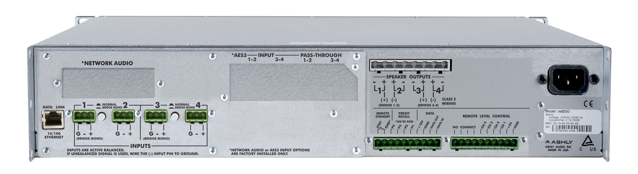 Ashly ne4250.70ped Network Power Amplifier 4 x 250W @ 70V With 4x4 Protea DSP & Dante Option Card