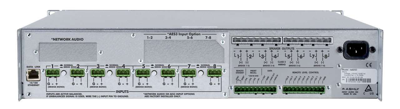 Ashly ne8250.25ped Network Power Amplifier 8 x 250W @ 4 Ohms, 150W @ 8 Ohms With 8x8 Protea DSP & Dante Option Card