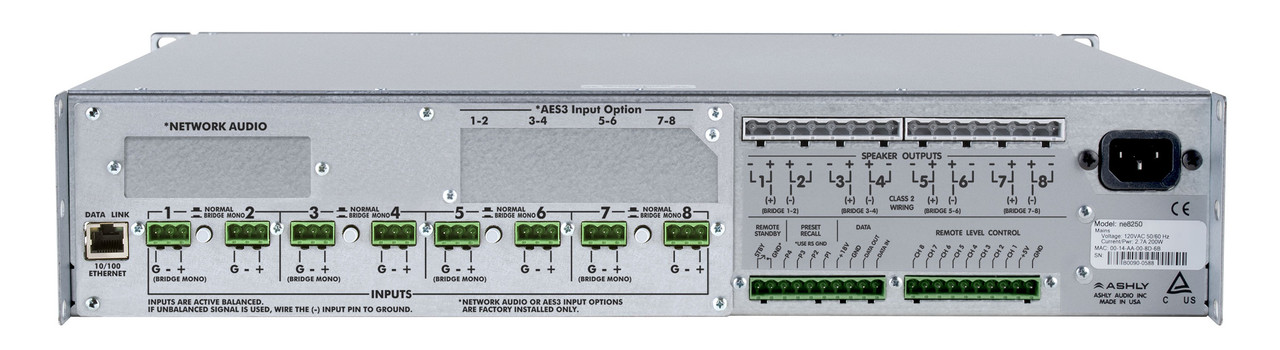 Ashly ne8250bc Network Power Amplifier 8 x 250W @ 4 Ohms, 150W @ 8 Ohms With CobraNet & OPDAC4 Option Cards