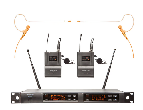 Airwave Technologies AT-4220 TITANIUM HSD PAK Turnkey 2 Channel Wireless System Package with 2 TITANIUM SERIES Single Ear Wireless Headsets and 2 Lavalier Microphones