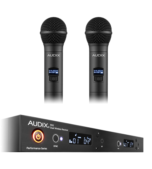 Audix AP62OM5 Wireless Microphone System, R62 Two Channel Receiver With Two Handheld Transmitters Audix AP62OM5 Wireless Microphone System, R62 Two Channel Receiver With Two Handheld Transmitters