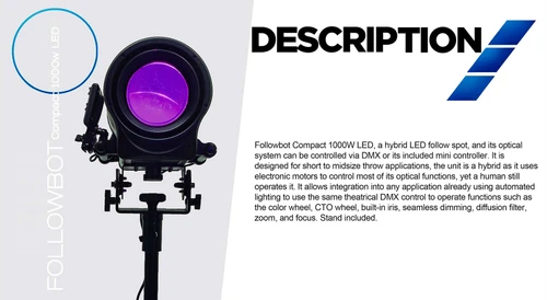 MegaLite 7071 FOLLOWBOT Compact, Hybrid, 1000W LED Followspot with Stand