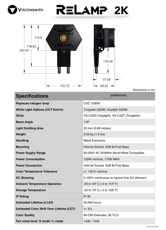 VisionSmith CXZD Relamp 2000 LED retrofit for Arri T2, Mole Baby