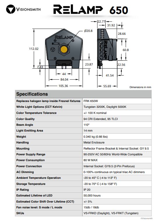 VisionSmith FRKD Relamp 650 LED retrofit for Arri 650-Plus