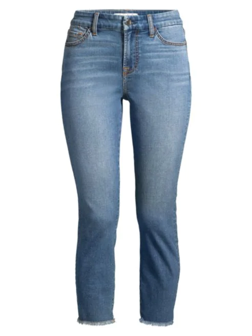 Jeans da donna elasticizzati a 7/8 – Skinny Jeans da donna a vita alta a costine in denim, jeans strappati, pantaloni lunghi con fori, estivi, Blu, S