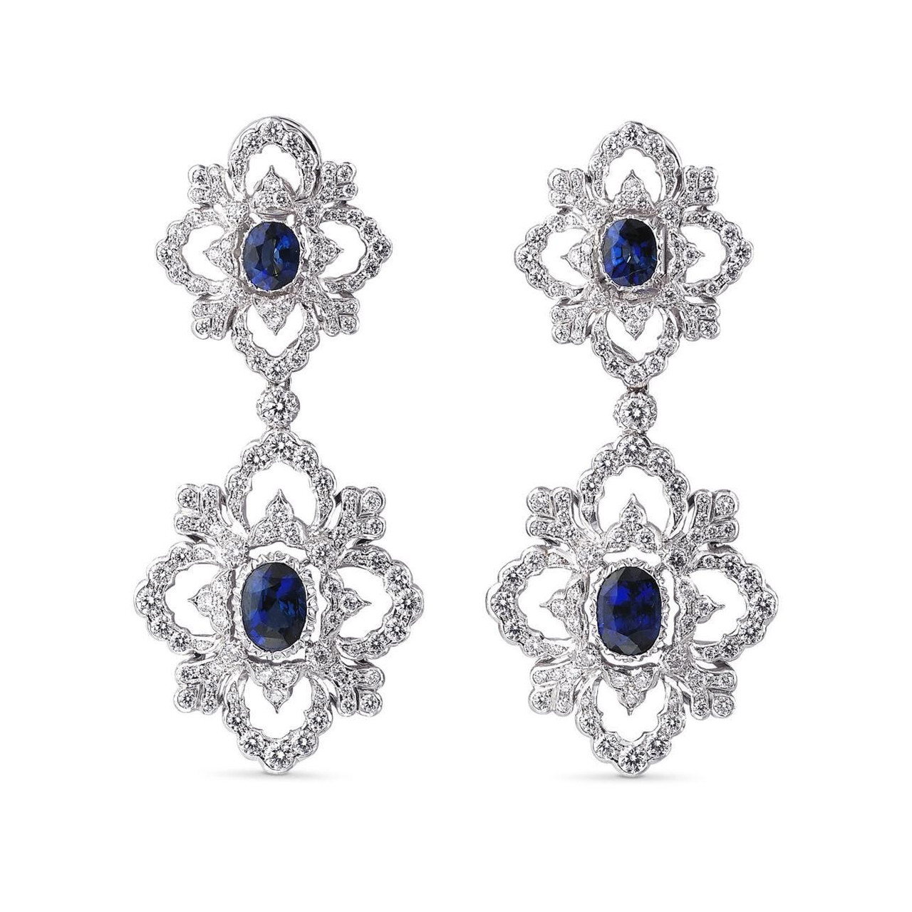 Buccellati Opera High Jewelry 18K White Gold Earrings with Blue Sapphires  and Diamonds