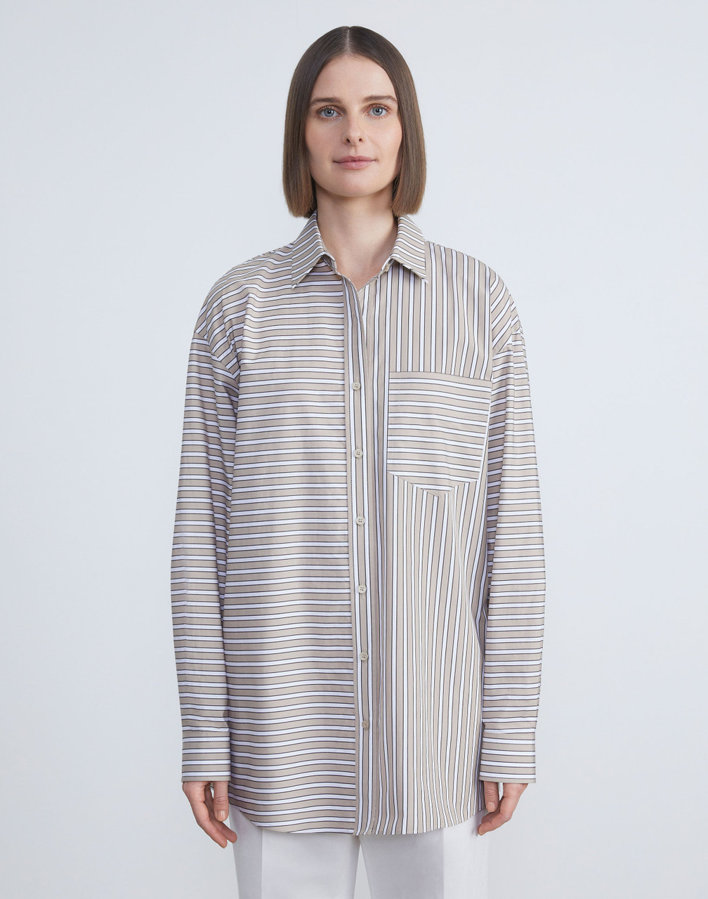 Lafayette 148 New York Framed Stripe Cotton Poplin Oversized Shirt in Oat  Multi, Size Medium/Large