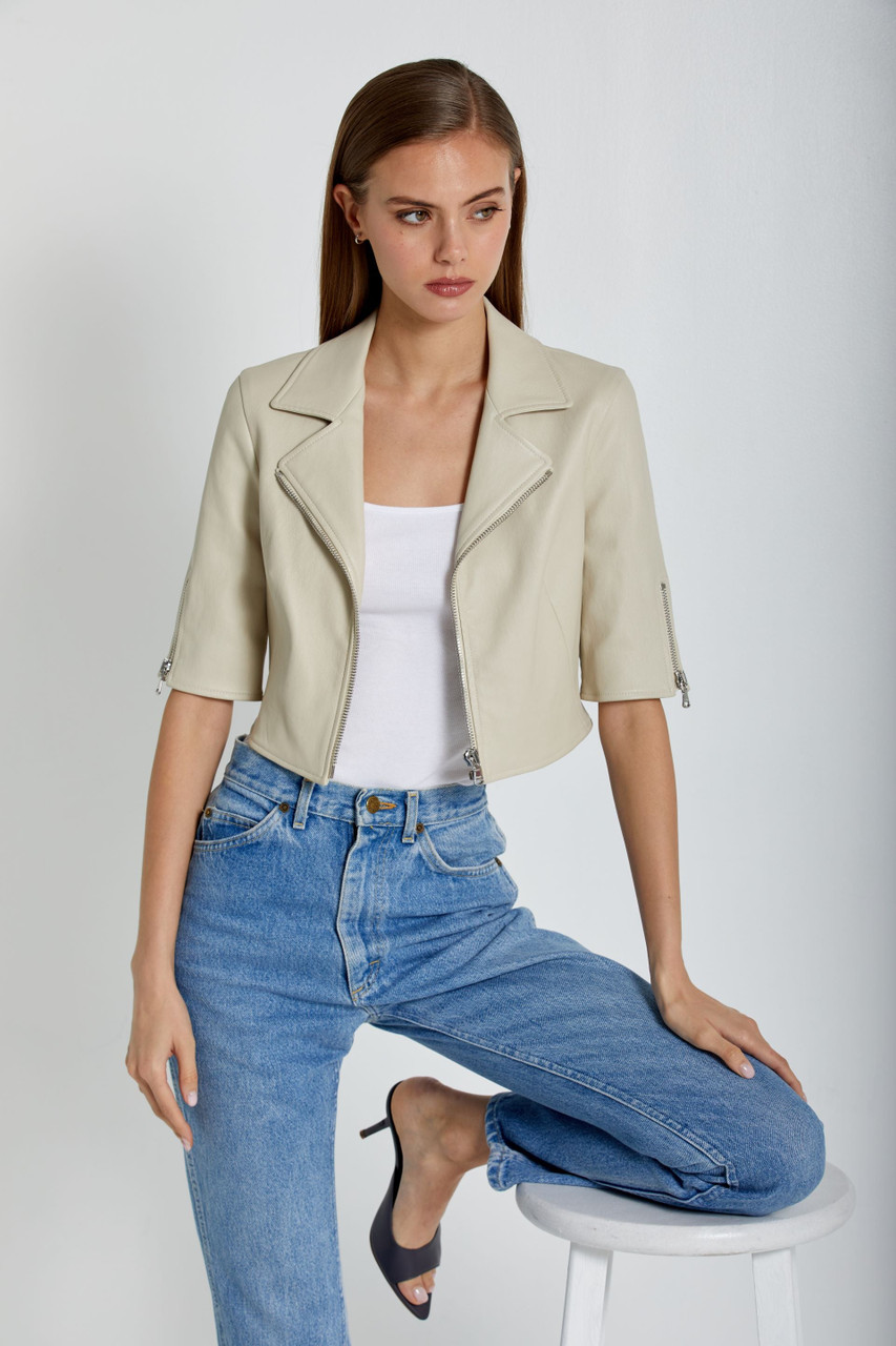 Susan Bender Stretch Leather Short Sleeve Moto Jacket in Latte