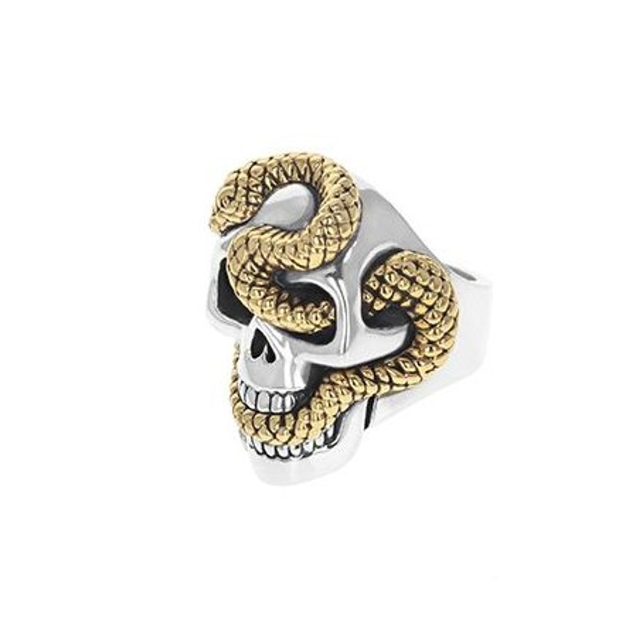 King Baby Studio Men's Large Skull Ring with Gold Alloy Snake