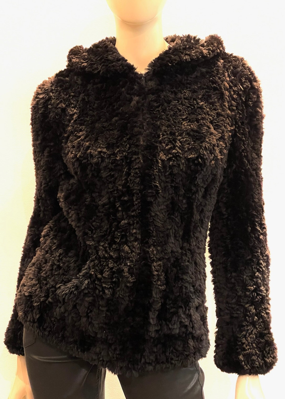 Paula Lishman Hand-Knit Sheared Beaver Bobbie Hooded Jacket in Black, Size  Small