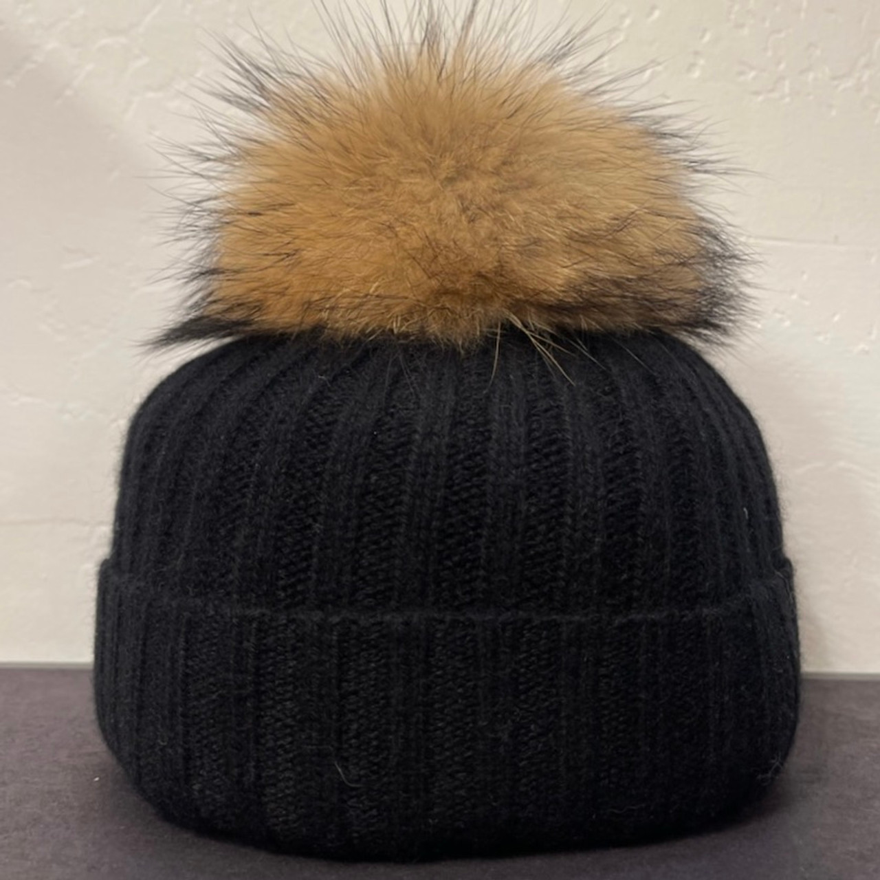 Cashmere Beanie with Shearling Pom