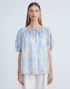 Lafayette 148 New York Floral Frost Toile Sustainable Gemma Cloth Voile Pleated Neckline Oversized Blouse in Cool Blue Multi, Size X-Small/Small Lafayette 148 New York Floral Frost Toile Sustainable Gemma Cloth Voile Pleated Neckline Oversized Blouse in Cool Blue Multi, Size X-Small/Small