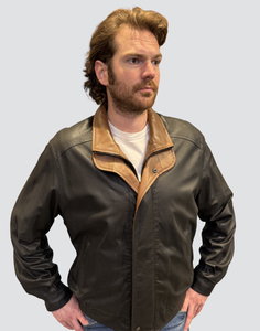 Remy Men's Leather Double Collar Bomber Jacket in Peat/Timber