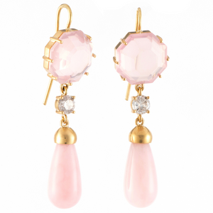 *RESERVE TODAY* Sylva & Cie. 18K Yellow Gold Pink Quartz & Pink Opal Drops with Grey Diamonds *RESERVE TODAY* Sylva & Cie. 18K Yellow Gold Pink Quartz & Pink Opal Drops with Grey Diamonds
