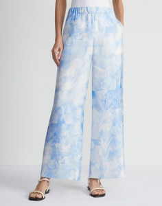 Lafayette 148 New York Eco Flora Print Silk Twill Riverside Pants in Sky Blue Multi, Size Large Lafayette 148 New York Eco Flora Print Silk Twill Riverside Pants in Sky Blue Multi, Size Large