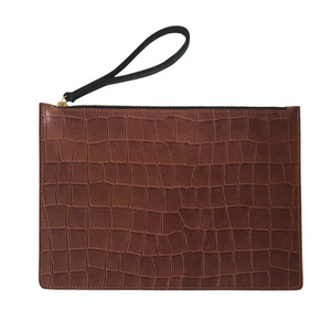 Linde Gallery St. Barth Oscar II Alligator Embossed Leather Pouch in Mocha, Medium Linde Gallery St. Barth Oscar II Alligator Embossed Leather Pouch in Mocha, Medium