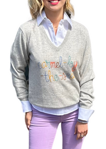 Augustina's Embroidered Carmel-By-The-Sea V-Neck Sweater in Grey Augustina's Embroidered Carmel-By-The-Sea V-Neck Sweater in Grey