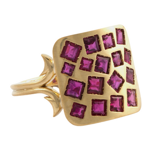 Sylva & Cie. 18K Yellow Gold & Sterling Silver Mixed Shape Ruby Square Small Ten Table Ring Sylva & Cie. 18K Yellow Gold & Sterling Silver Mixed Shape Ruby Square Small Ten Table Ring