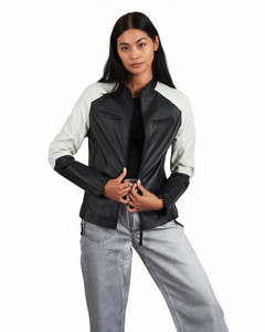Jakett New York Thea Washed Leather Jacket in Black/White, Size X-Small Jakett New York Thea Washed Leather Jacket in Black/White, Size X-Small
