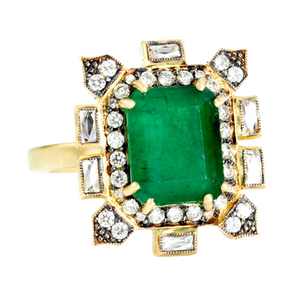 *RESERVE TODAY* Sylva & Cie. 18K Yellow Gold Emerald Ring with French Cut Diamonds, Size 6 *RESERVE TODAY* Sylva & Cie. 18K Yellow Gold Emerald Ring with French Cut Diamonds, Size 6