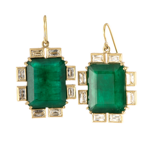 *VIRTUAL TRUNK SHOW* Sylva & Cie. 18K Yellow Gold Mozambique Emerald with French Cut Diamond Earrings *VIRTUAL TRUNK SHOW* Sylva & Cie. 18K Yellow Gold Mozambique Emerald with French Cut Diamond Earrings