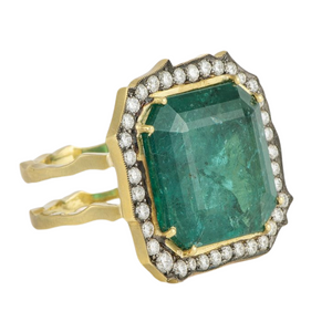 *VIRTUAL TRUNK SHOW* Sylva & Cie. 18K Yellow Gold Zambian Emerald Ring with Diamonds *VIRTUAL TRUNK SHOW* Sylva & Cie. 18K Yellow Gold Zambian Emerald Ring with Diamonds