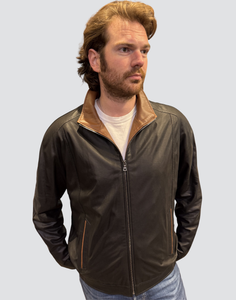 Remy Men’s Leather Single Collar Bomber Jacket in Peat/Timber