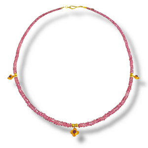 *SIP & SHOP EVENT* Mara Labell Designs Blossom 18K Gold Pink Topaz Rondelles with Ruby Blossoms Necklace, 16" *SIP & SHOP EVENT* Mara Labell Designs Blossom 18K Gold Pink Topaz Rondelles with Ruby Blossoms Necklace, 16"