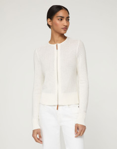Lafayette 148 New York Cotton-Silk Textured Stitch Zip Front Cardigan in Cloud Lafayette 148 New York Cotton-Silk Textured Stitch Zip Front Cardigan in Cloud