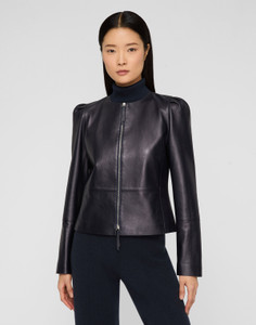 Lafayette 148 New York Nappa Leather Collarless Fitted Jacket in Ink, Size X-Small Lafayette 148 New York Nappa Leather Collarless Fitted Jacket in Ink, Size X-Small
