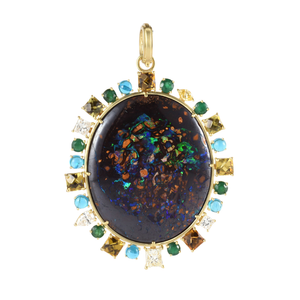 Sylva & Cie. 18K Yellow Gold Opal, Malayan Garnet, Apatite, Emerald Pendant Sylva & Cie. 18K Yellow Gold Opal, Malayan Garnet, Apatite, Emerald Pendant