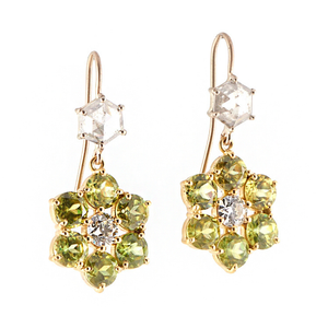 Sylva & Cie. 18K Yellow Gold & 18K White Gold Sphene Flowers with Rough Cut and Old European Cut Diamond Earrings Sylva & Cie. 18K Yellow Gold & 18K White Gold Sphene Flowers with Rough Cut and Old European Cut Diamond Earrings