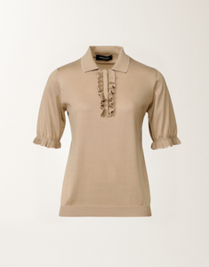 Fabiana Filippi Silk Cotton Short Sleeve Ruffled Polo Sweater in Maple/Rose Petal