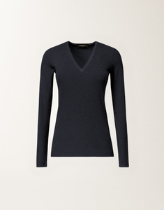 Fabiana Filippi Long Sleeve V-Neck Ribbed Jersey T-Shirt in Midnight Blue, Size 46