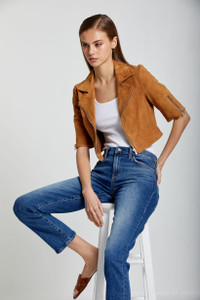 *ORDER TODAY* Susan Bender Short Sleeve Moto in Cognac Suede