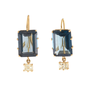 Sylva & Cie. 18K Yellow Gold Emerald Cut Blue Topaz Drop Earrings with Radiant Diamonds
