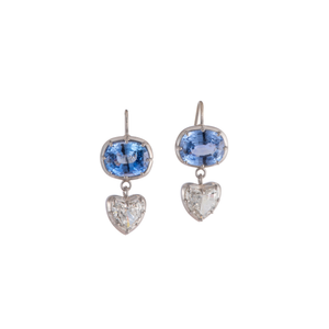 Sylva & Cie. Platinum Ceylon Sapphire & Heart Diamond Earrings