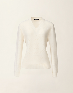 Fabiana Filippi Silk Wool V-Neck Open Weave Stitch Sweater with Sequins in White