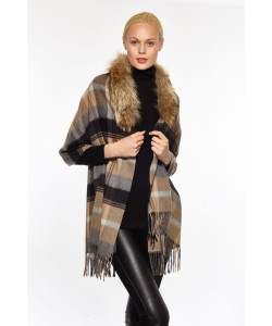 Augustina’s Women’s Fur Trim Plaid Wool/Cashmere Wrap, Camel Augustina’s Women’s Fur Trim Plaid Wool/Cashmere Wrap, Camel