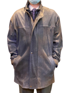 Remy Men’s Leather Button-Down Double Collar Coat in Denim, Size 48