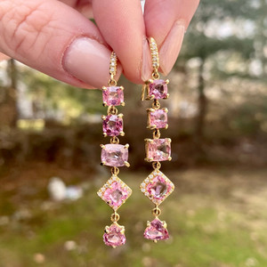 Lauren K 18K Yellow Gold Gemma Pink Spinel 5 Stone Earrings Lauren K 18K Yellow Gold Gemma Pink Spinel 5 Stone Earrings