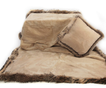 Augustina's Ecru Beige Mink Fur Throw Blanket w/ Brown Fox Trim