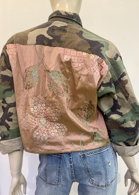 Augustina Leathers Denim Dusty Rose Embellished Cropped Camo Jacket