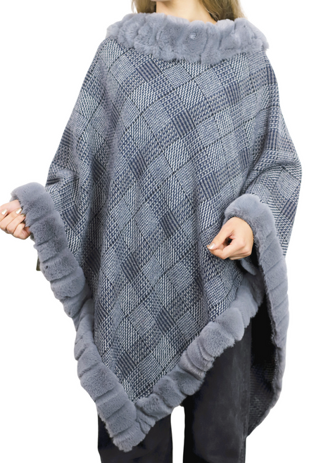 *PRE-ORDER* Augustina's Plaid Poncho with Plush Faux Trim Detail in Grey