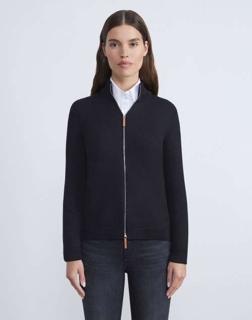 Lafayette 148 New York Cotton Silk Tape Knit Bomber Jacket in Black