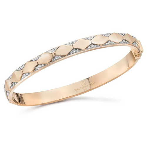 *RESERVE TODAY* Walters Faith Quentin 18K Rose Gold and Diamond Hexagon Pattern Hinged Oval Shaped Bangle, 7"