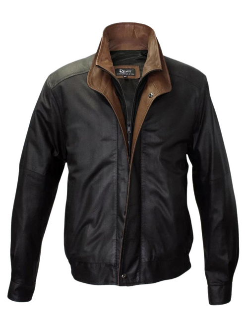 Remy Men's Leather Double Collar Bomber Jacket in Peat/Timber