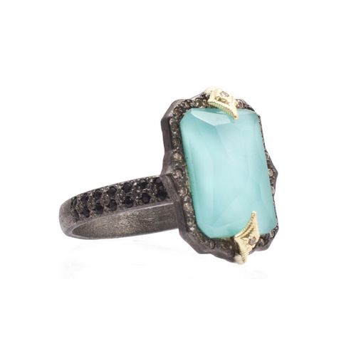 Armenta 18K Yellow Gold and Blackened Sterling Silver Natural Turquoise/White Quartz Emerald Cut Ring, Size 6.5