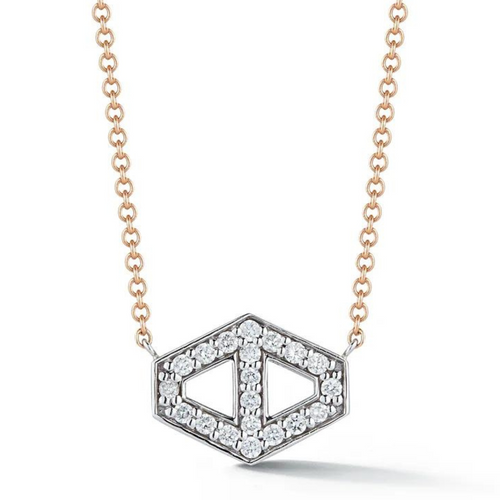 *RESERVE TODAY* Walters Faith Keynes 18K White Gold White Diamond Small Signature Hexagon and 18K Rose Gold Chain Pendant